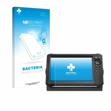 Parte frontal de un envase de producto con el logotipo de la marca upscreen. Al lado se muestra el dispositivo Lowrance Eagle 