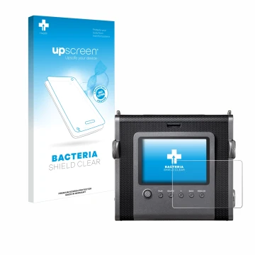 Parte frontal de un envase de producto con el logotipo de la marca upscreen. Al lado se muestra el dispositivo Fujifilm Instax