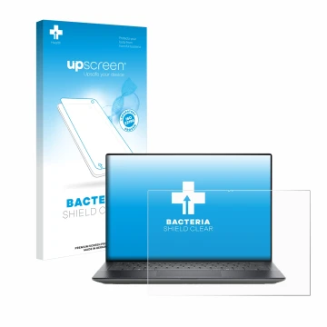 Parte frontal de un envase de producto con el logotipo de la marca upscreen. Al lado se muestra el dispositivo Dell Precision 