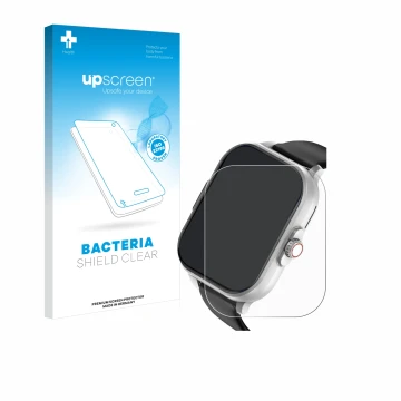 Parte frontal de un envase de producto con el logotipo de la marca upscreen. Al lado se muestra el dispositivo YYKY E02 2.01
