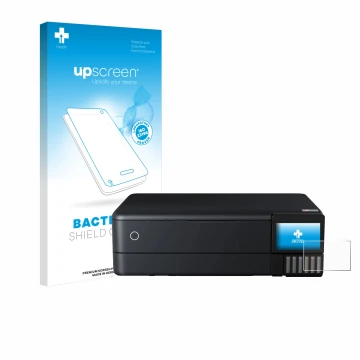 Parte frontal de un envase de producto con el logotipo de la marca upscreen. Al lado se muestra el dispositivo Epson EcoTank E