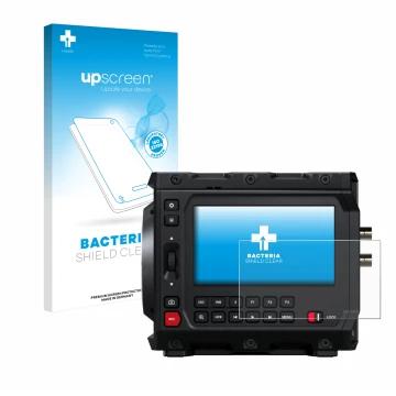 Parte frontal de un envase de producto con el logotipo de la marca upscreen. Al lado se muestra el dispositivo Blackmagic Desi