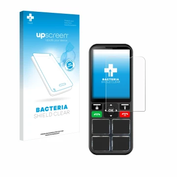 Parte frontal de un envase de producto con el logotipo de la marca upscreen. Al lado se muestra el dispositivo Geemarc CL8000 