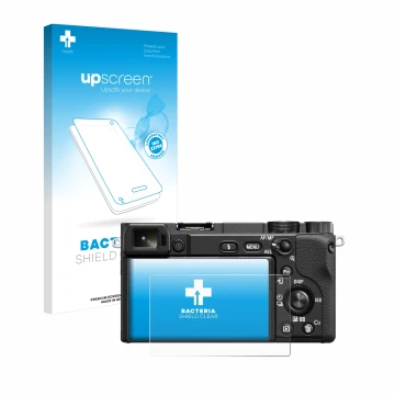 Parte frontal de un envase de producto con el logotipo de la marca upscreen. Al lado se muestra el dispositivo Sony Alpha 6100