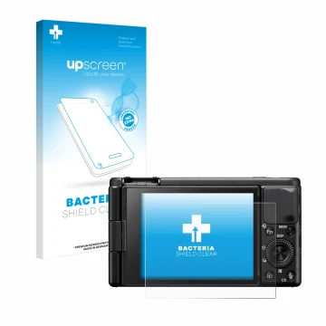 Parte frontal de un envase de producto con el logotipo de la marca upscreen. Al lado se muestra el dispositivo Sony ZV-1A con 