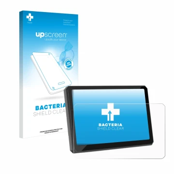 Parte frontal de un envase de producto con el logotipo de la marca upscreen. Al lado se muestra el dispositivo Carpuride W712D