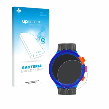 Parte frontal de un envase de producto con el logotipo de la marca upscreen. Al lado se muestra el dispositivo Swatch Neon Par