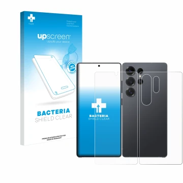 Parte frontal de un envase de producto con el logotipo de la marca upscreen. Al lado se muestra el dispositivo Samsung Galaxy 