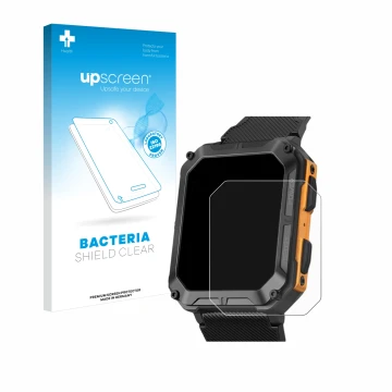 Parte frontal de un envase de producto con el logotipo de la marca upscreen. Al lado se muestra el dispositivo Stahlgear Thor 