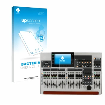 Parte frontal de un envase de producto con el logotipo de la marca upscreen. Al lado se muestra el dispositivo Behringer Wing 