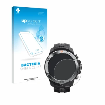 Parte frontal de un envase de producto con el logotipo de la marca upscreen. Al lado se muestra el dispositivo Xiaomi Mibro GS