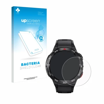 Parte frontal de un envase de producto con el logotipo de la marca upscreen. Al lado se muestra el dispositivo Xiaomi Mibro GS