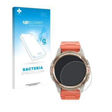 Parte frontal de un envase de producto con el logotipo de la marca upscreen. Al lado se muestra el dispositivo Xiaomi Mibro GS