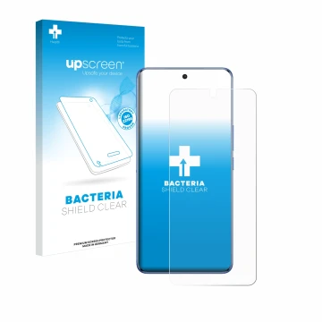 Parte frontal de un envase de producto con el logotipo de la marca upscreen. Al lado se muestra el dispositivo Vivo V50 con su