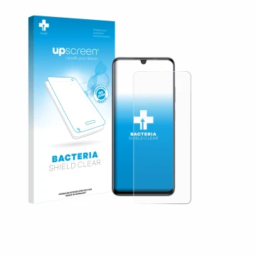 Parte frontal de un envase de producto con el logotipo de la marca upscreen. Al lado se muestra el dispositivo ZTE Blade V70 M