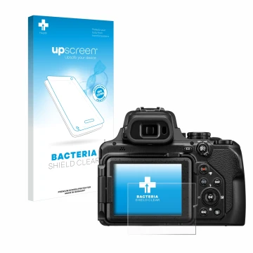 Parte frontal de un envase de producto con el logotipo de la marca upscreen. Al lado se muestra el dispositivo Nikon Coolpix P