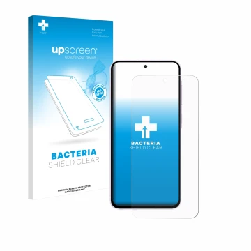Parte frontal de un envase de producto con el logotipo de la marca upscreen. Al lado se muestra el dispositivo Samsung Galaxy 