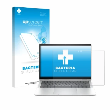 Parte frontal de un envase de producto con el logotipo de la marca upscreen. Al lado se muestra el dispositivo HP EliteBook X 