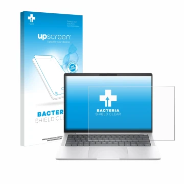 Parte frontal de un envase de producto con el logotipo de la marca upscreen. Al lado se muestra el dispositivo HP EliteBook 10