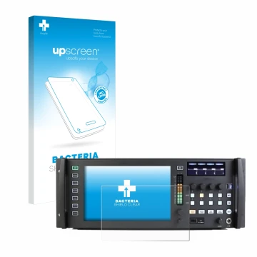 Parte frontal de un envase de producto con el logotipo de la marca upscreen. Al lado se muestra el dispositivo Behringer Wing 
