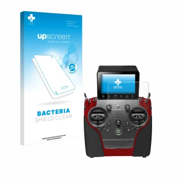 Parte frontal de un envase de producto con el logotipo de la marca upscreen. Al lado se muestra el dispositivo PowerBox System