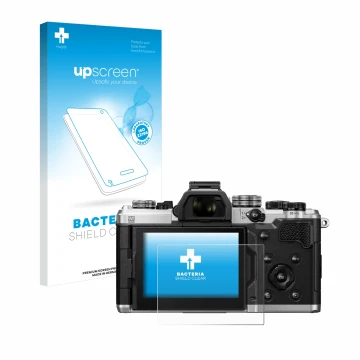 Parte frontal de un envase de producto con el logotipo de la marca upscreen. Al lado se muestra el dispositivo OM System OM-3 