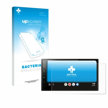 Parte frontal de un envase de producto con el logotipo de la marca upscreen. Al lado se muestra el dispositivo Pioneer SPH-DA7