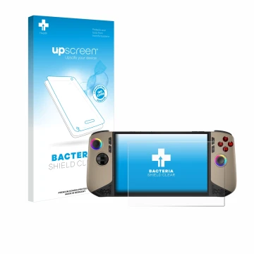 Parte frontal de un envase de producto con el logotipo de la marca upscreen. Al lado se muestra el dispositivo MSI Claw 8 AI+ 