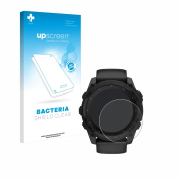 Parte frontal de un envase de producto con el logotipo de la marca upscreen. Al lado se muestra el dispositivo Garmin Tactix 8