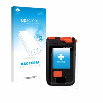 Parte frontal de un envase de producto con el logotipo de la marca upscreen. Al lado se muestra el dispositivo Mammut Barryvox