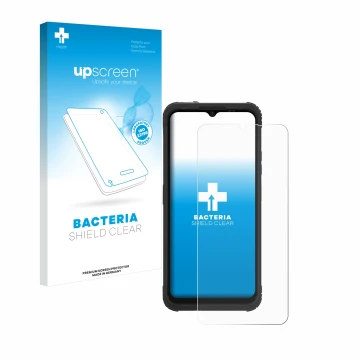 Parte frontal de un envase de producto con el logotipo de la marca upscreen. Al lado se muestra el dispositivo AGM H Max con s
