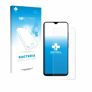 Parte frontal de un envase de producto con el logotipo de la marca upscreen. Al lado se muestra el dispositivo ZTE Blade A35e 