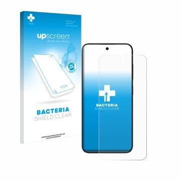 Parte frontal de un envase de producto con el logotipo de la marca upscreen. Al lado se muestra el dispositivo ZTE Blade V70 V