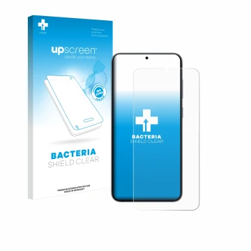 Parte frontal de un envase de producto con el logotipo de la marca upscreen. Al lado se muestra el dispositivo Samsung Galaxy 