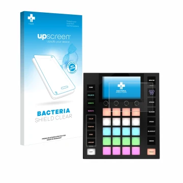Parte frontal de un envase de producto con el logotipo de la marca upscreen. Al lado se muestra el dispositivo Wolfmix W1 MK2 
