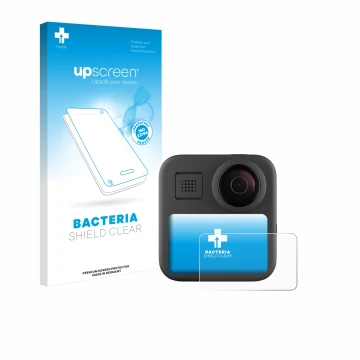 Parte frontal de un envase de producto con el logotipo de la marca upscreen. Al lado se muestra el dispositivo GoPro Max (2025
