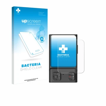 Parte frontal de un envase de producto con el logotipo de la marca upscreen. Al lado se muestra el dispositivo Hoverair Beacon