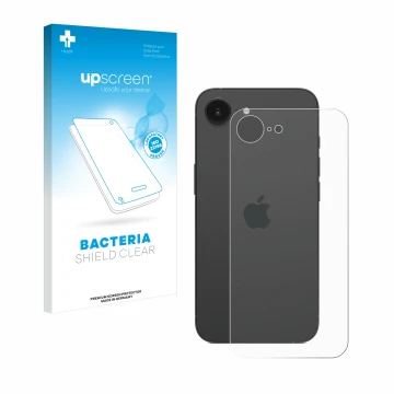 Parte frontal de un envase de producto con el logotipo de la marca upscreen. Al lado se muestra el dispositivo Apple iPhone 16