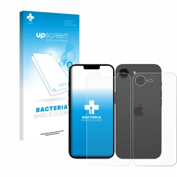 Parte frontal de un envase de producto con el logotipo de la marca upscreen. Al lado se muestra el dispositivo Apple iPhone 16