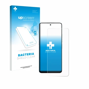 Parte frontal de un envase de producto con el logotipo de la marca upscreen. Al lado se muestra el dispositivo Umidigi Note 10