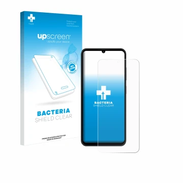 Parte frontal de un envase de producto con el logotipo de la marca upscreen. Al lado se muestra el dispositivo ZTE Blade A55 c