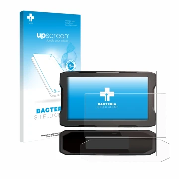 Parte frontal de un envase de producto con el logotipo de la marca upscreen. Al lado se muestra el dispositivo Honda NT 1100 2