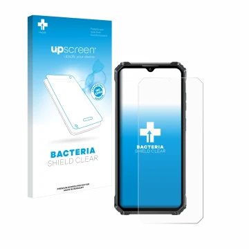 Parte frontal de un envase de producto con el logotipo de la marca upscreen. Al lado se muestra el dispositivo Oukitel G1 con 