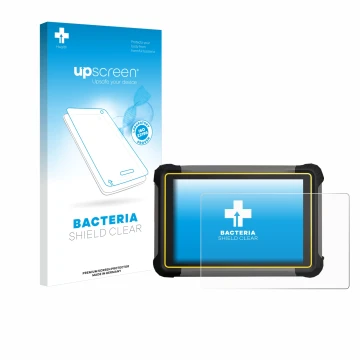 Parte frontal de un envase de producto con el logotipo de la marca upscreen. Al lado se muestra el dispositivo Leica iCON CC17