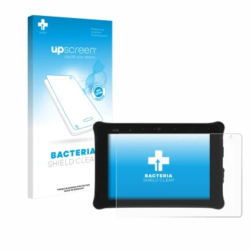 Parte frontal de un envase de producto con el logotipo de la marca upscreen. Al lado se muestra el dispositivo Leica iCON CC18