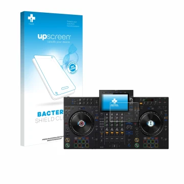 Parte frontal de un envase de producto con el logotipo de la marca upscreen. Al lado se muestra el dispositivo Pioneer XDJ-AZ 