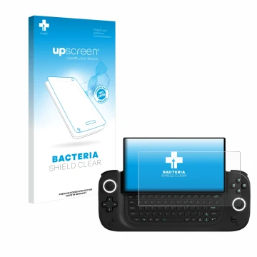 Parte frontal de un envase de producto con el logotipo de la marca upscreen. Al lado se muestra el dispositivo Antec Core HS c