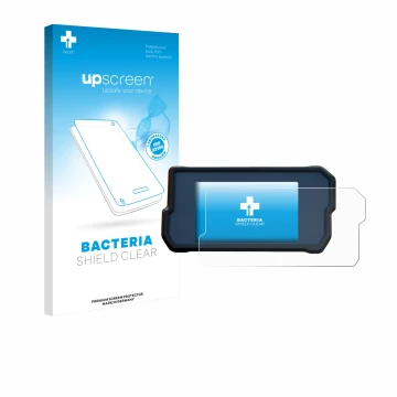 Parte frontal de un envase de producto con el logotipo de la marca upscreen. Al lado se muestra el dispositivo KTM 390 / 890 A