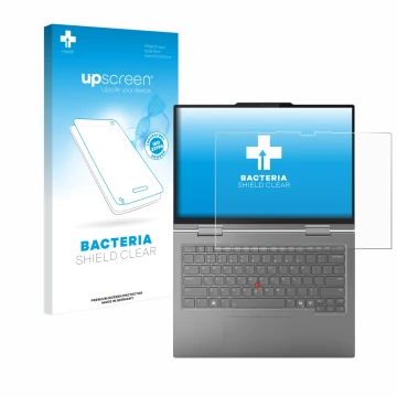 Parte frontal de un envase de producto con el logotipo de la marca upscreen. Al lado se muestra el dispositivo Lenovo ThinkPad