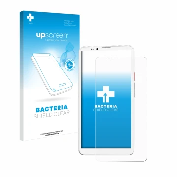 Parte frontal de un envase de producto con el logotipo de la marca upscreen. Al lado se muestra el dispositivo Bigme Hibreak P